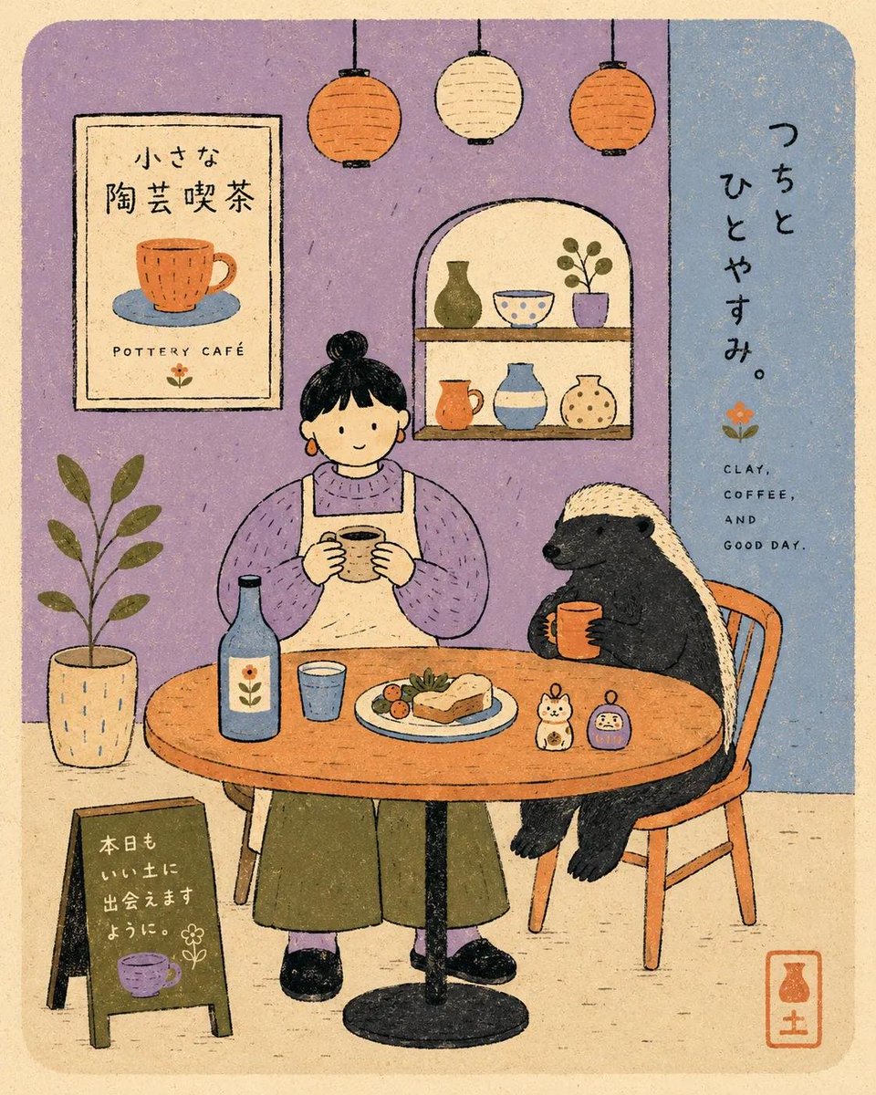 现代扁平丝网印刷风格海报插画：[HUMAN]穿着[CLOTHING]，正面坐在一张简易的咖啡桌后方，桌旁有[ANIMAL]，场景为[SCENERY]。使用[COLORS]作为扁平…