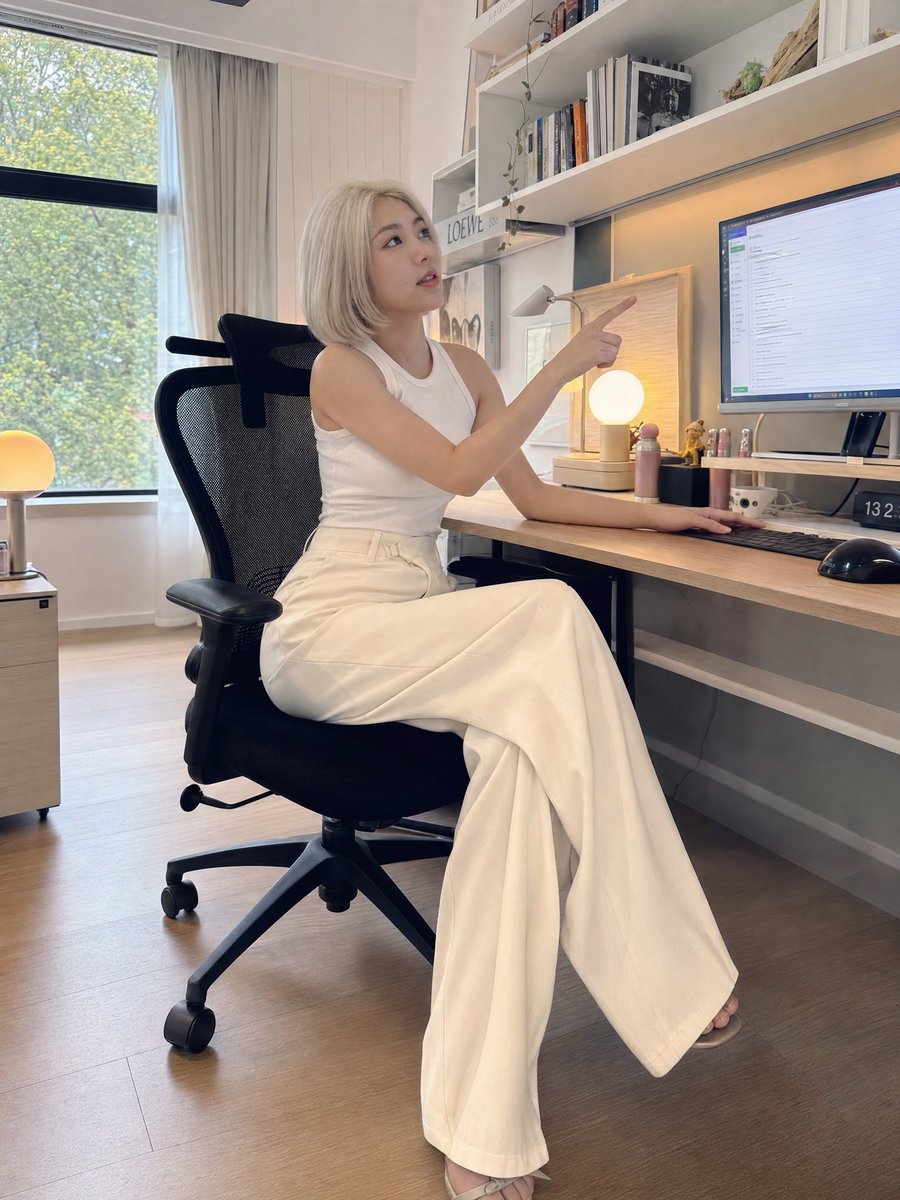 一位美丽的年轻东亚女性,留着短短的铂金金色波波头发型,拥有白皙的瓷肌、柔和的自然妆容和精致的五官,坐在现代极简风格的居家办公室的一张木桌前。她身穿一件合身的白色无袖上衣,搭配优雅…