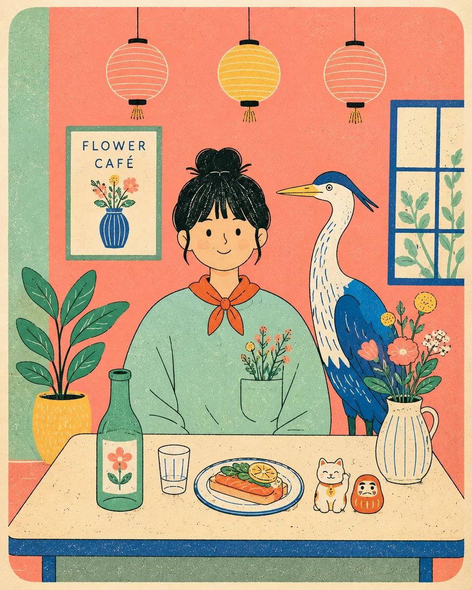 扁平现代丝网印刷风格海报插画，画中是[HUMAN]（人类），穿着[CLOTHING]（服装），正面朝向坐在一张简单的咖啡桌后方，桌旁有[ANIMAL]（动物）…