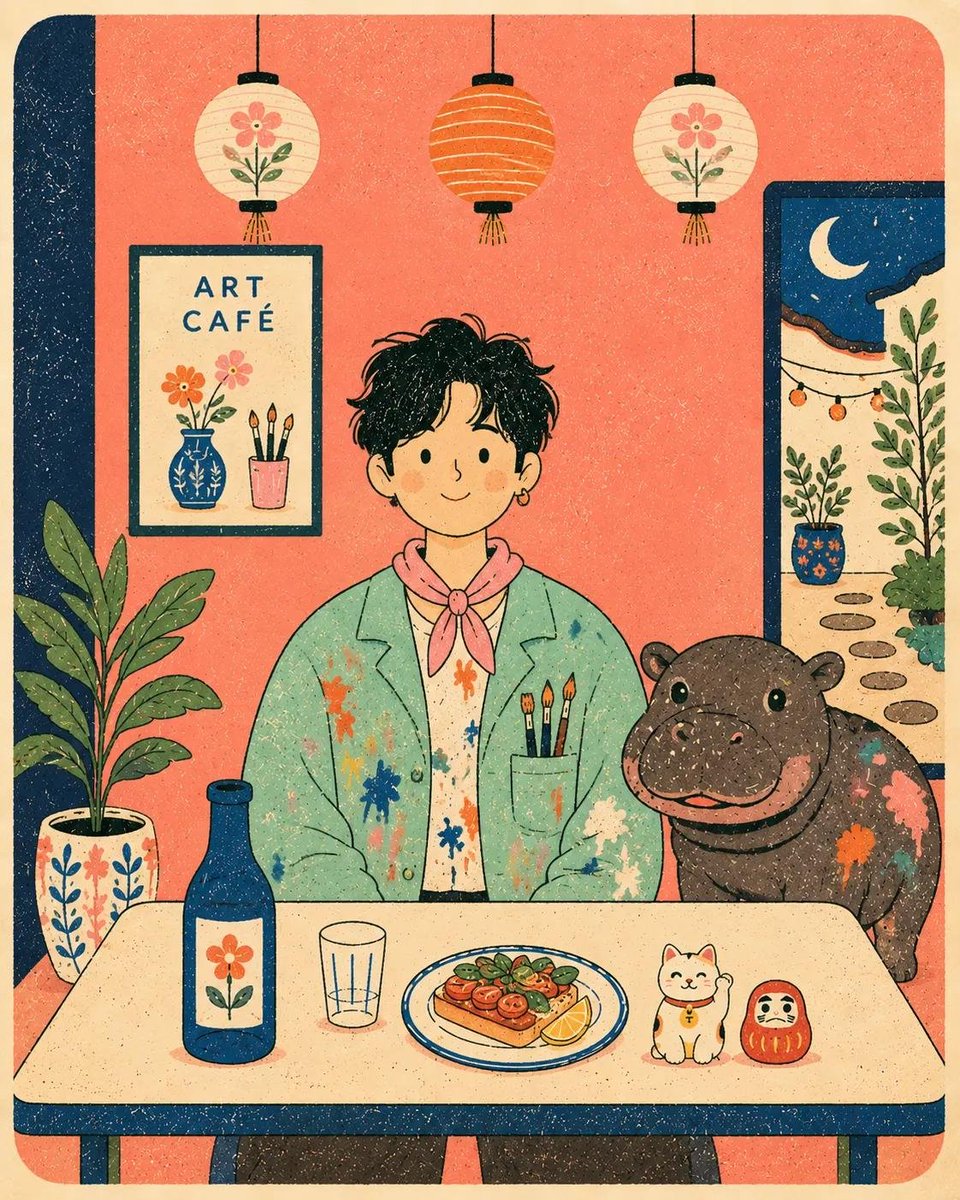 扁平现代丝网印刷风格海报插画，画中是[HUMAN]（人类），穿着[CLOTHING]（服装），正面朝向坐在一张简单的咖啡桌后方，桌旁有[ANIMAL]（动物），场景为[SCENE…
