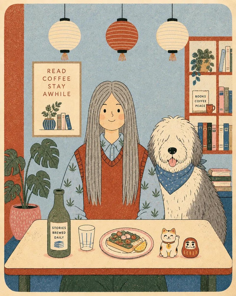 扁平现代丝网印刷风格海报插画，画中是[HUMAN]（人类），穿着[CLOTHING]（服装），正面朝向坐在一张简单的咖啡桌后方，桌旁有[ANIMAL]（动物），场景为[SCENE…