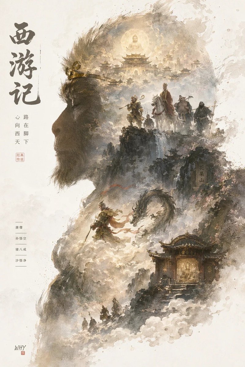 典藏版史诗海报：一幅完整的世界观与标志性场景从角色的侧面剪影中生长而出。电影海报风格与梦幻水彩插画风格相融合，静谧、宏大、神圣、怀旧，呈现纸张颗粒纹理、淡淡雾气、柔和笔触边缘渐隐…