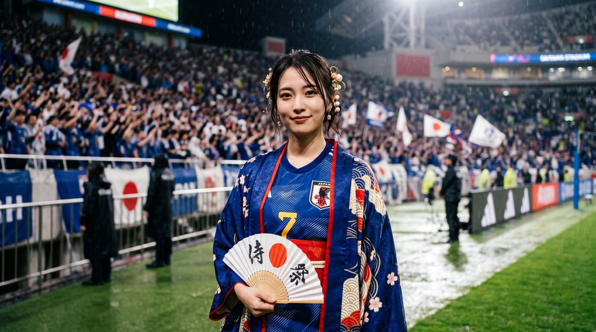 超写实电影感广角人像：一位年轻的日本女性足球迷，在雨夜比赛期间站在座无虚席的体育场边线旁。她身穿蓝色日本国家队7号球衣，外搭一件优雅的日式和风长袍，带有花卉与…