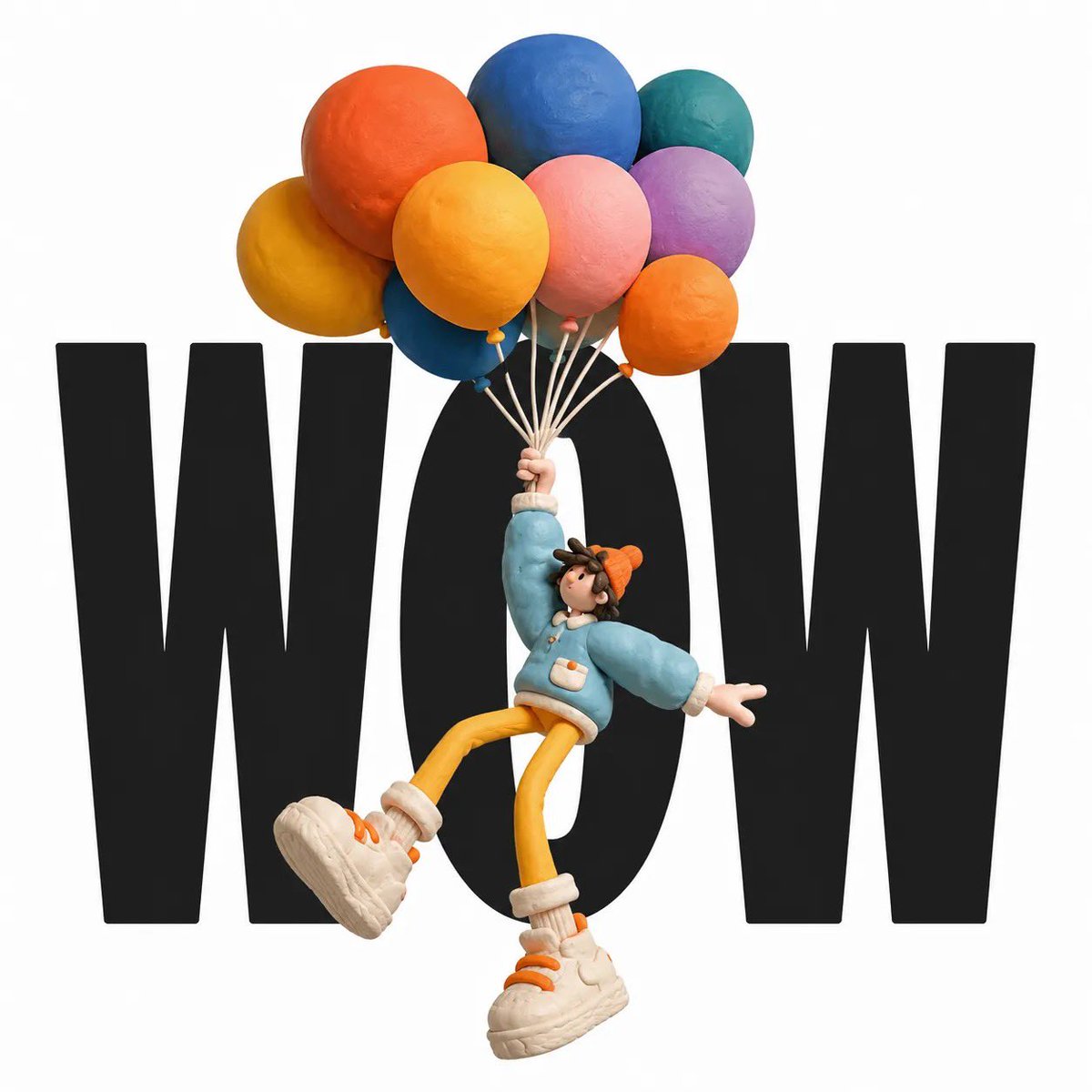 一个可爱的手工制作粘土角色，采用奇思妙想的3D定格动画风格，站立在纯白背景上巨大醒目的黑色字体前方。角色拥有超大号运动鞋、简化的面部特征、欢快的表情、圆润的比例，以及俏皮的姿势与…