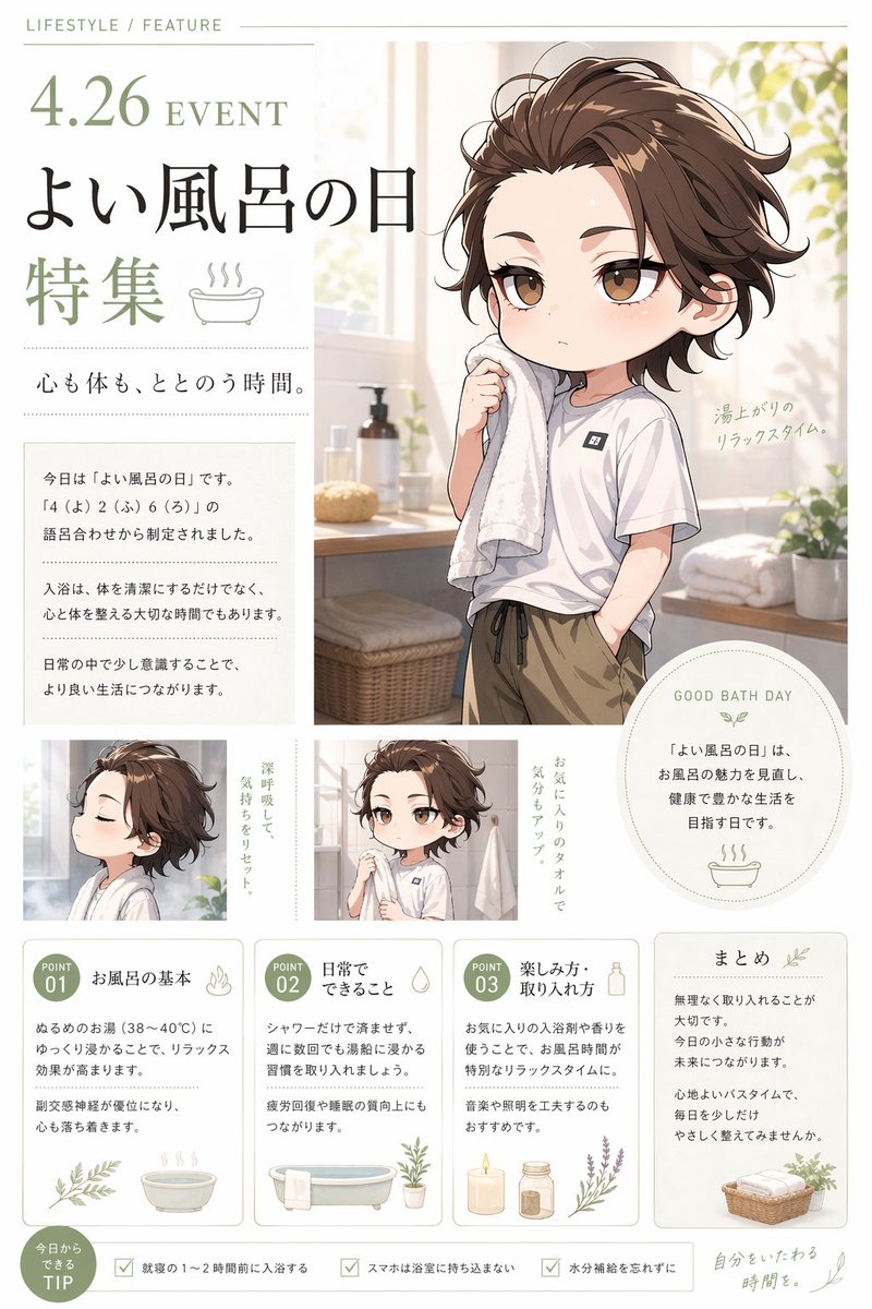 完整提示:https://t.co/ZHsehjCA98 设计一张柔和的编辑风格生活方式海报,赞颂日本沐浴文化,版式为打磨精致的杂志专题页面,纵向构图。在淡奶油色与暖灰色背景上…