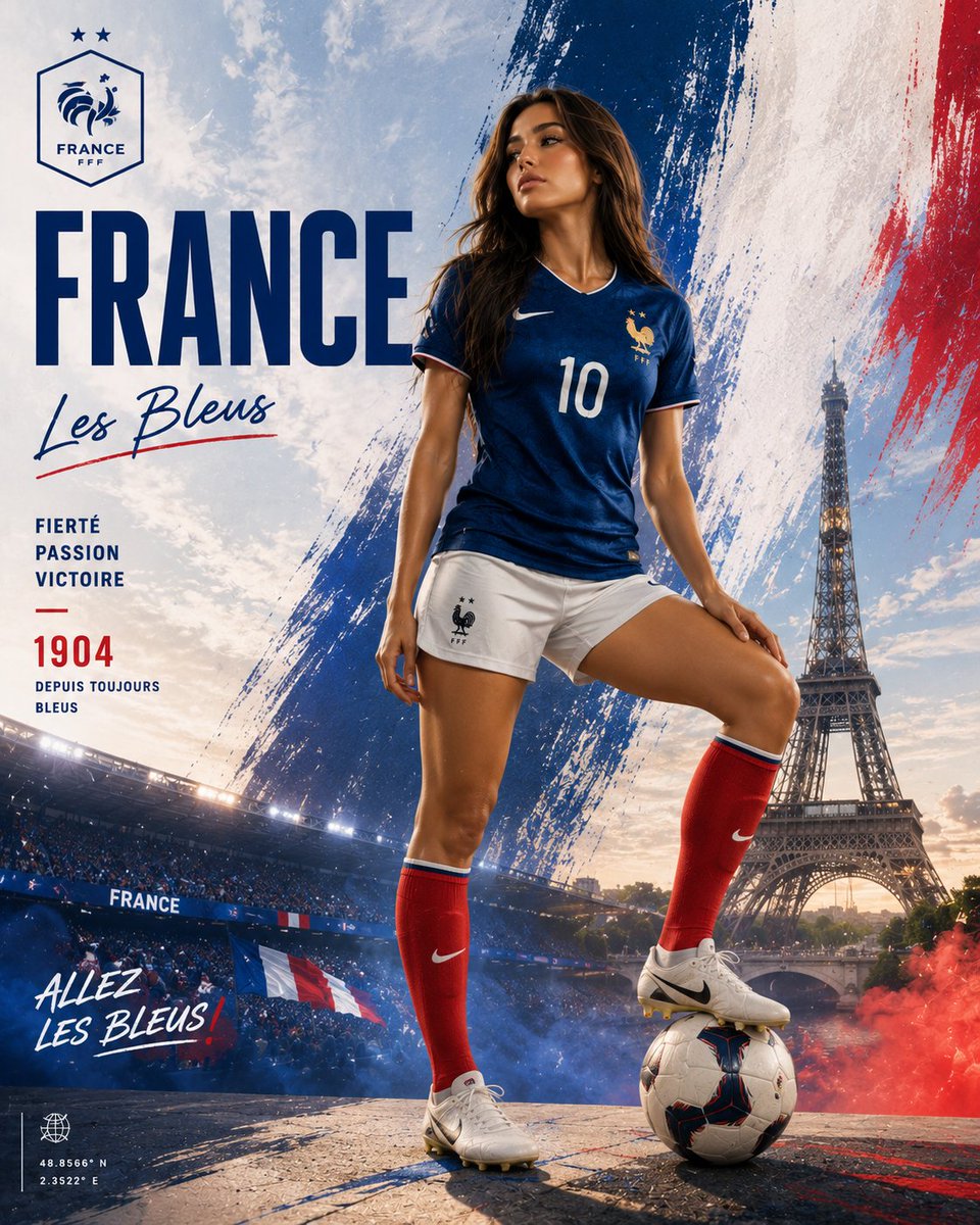 创作一张FIFA世界杯风格的顶级体育海报,主角是一位令人惊艳的年轻女足运动员,自豪地代表法国女子国家足球队。她以充满力量与自信的姿态站立,一只足球战靴稳稳地踩…