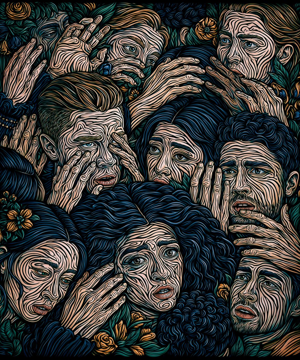 一幅竖版特写插画，采用极简线条艺术风格，描绘了人脸与手的混乱缠绕。--ar 5:6 --raw --sref 2610127471 1173567601 28…