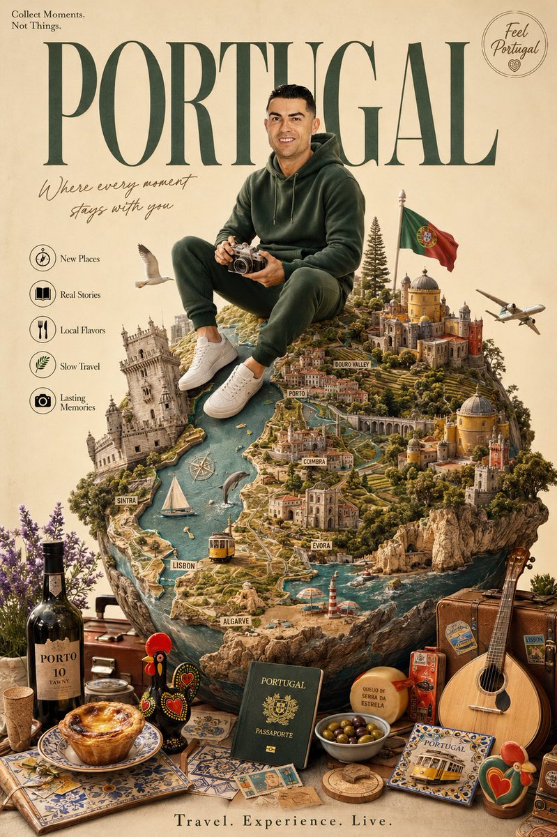 为{葡萄牙}创作一张高级奢享旅行海报。 一位面带微笑的年轻男性旅行者（使用上传照片）自然地坐在一个制作精美的微型地球仪顶部，该地球仪展示了{葡萄牙}的地貌和地…