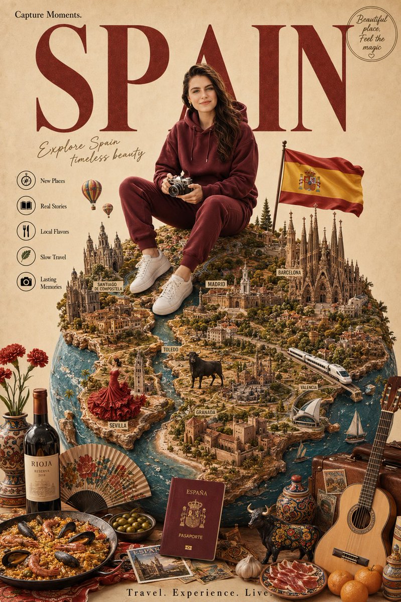为{葡萄牙}创作一张高级奢享旅行海报。 一位面带微笑的年轻男性旅行者(使用上传照片)自然地坐在一个制作精美的微型地球仪顶部,该地球仪展示了{葡萄牙}的地貌和地图。他身穿深绿色连帽…