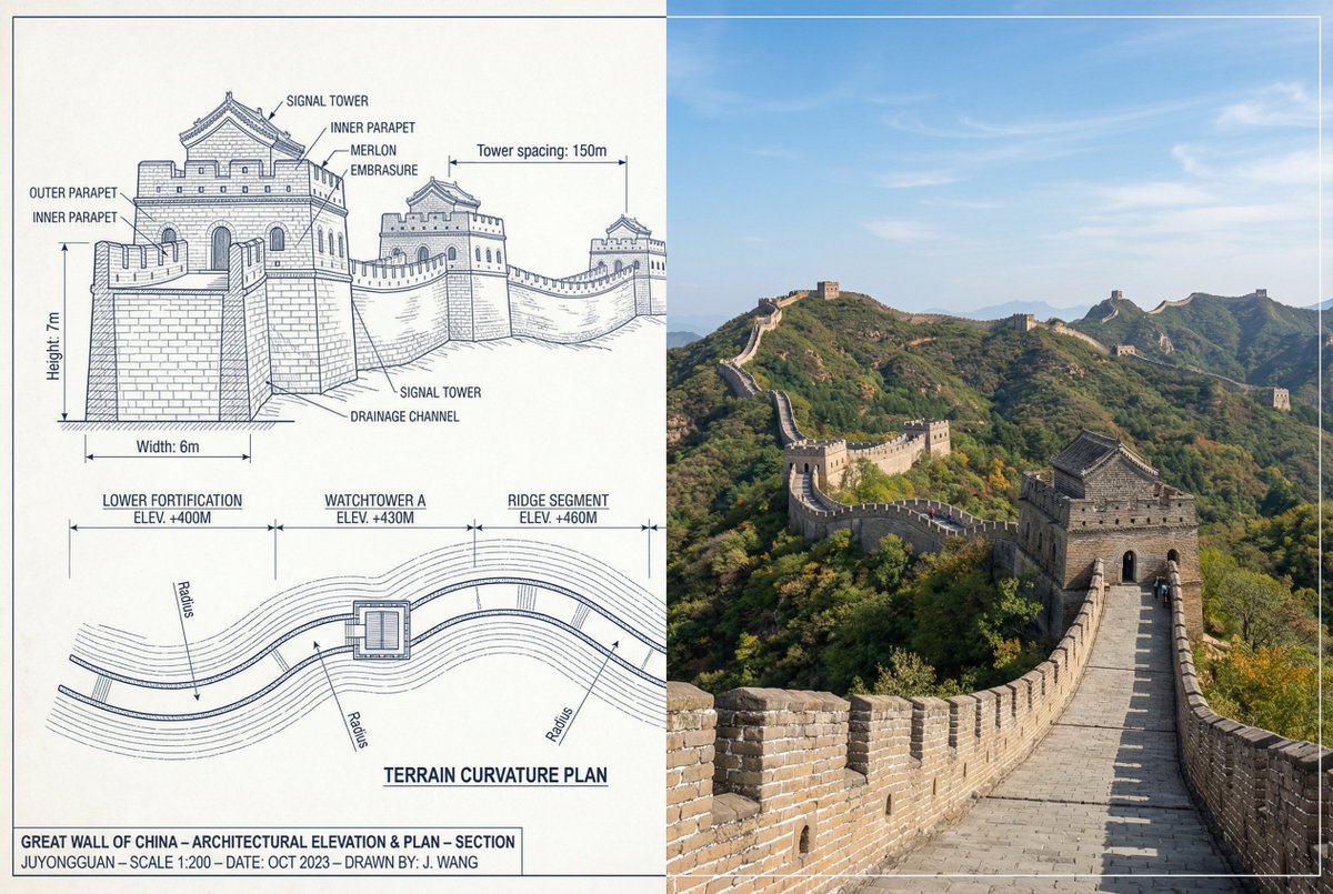 中国长城并排对比图像，水平分屏布局，3:2 长宽比。 左半部分：技术性建筑素描，使用详细线条展示城墙段、烽火台和防御结构。包括城墙高度、宽度和烽火台间距的数值…