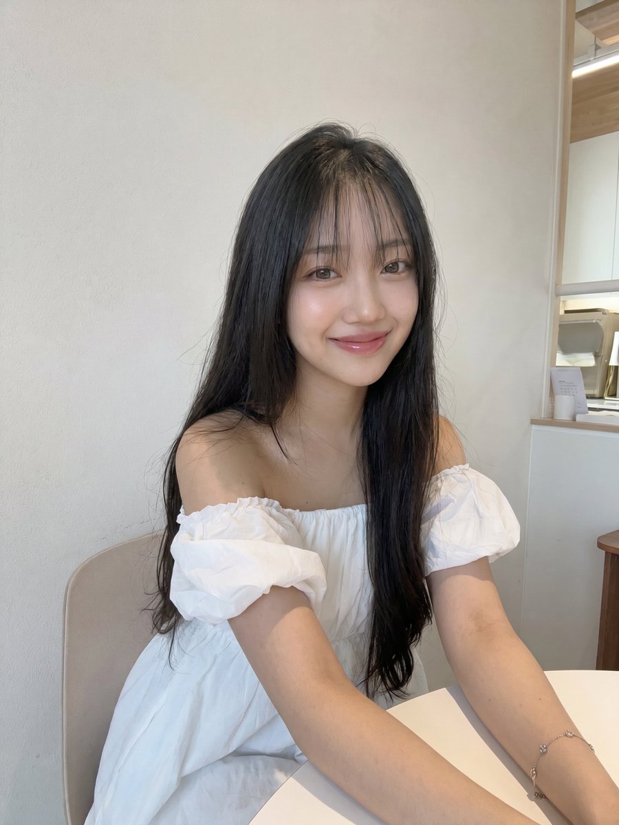美丽的年轻日本女孩,长着丝般柔顺的黑色长发,柔和的刘海修饰脸庞,肌肤白皙透亮,自然的玫瑰色脸颊,粉润光泽的嘴唇,淡雅的日常妆容。身穿优雅的白色一字肩衬衫,佩戴精致的银色手镯,一只…