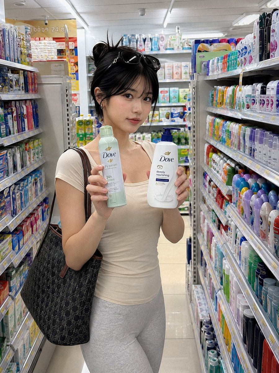 { "image_generation": { "subject": { "description": "在便利店购物的年轻女性", "pose": "以侧面站姿站立，身体微微转…