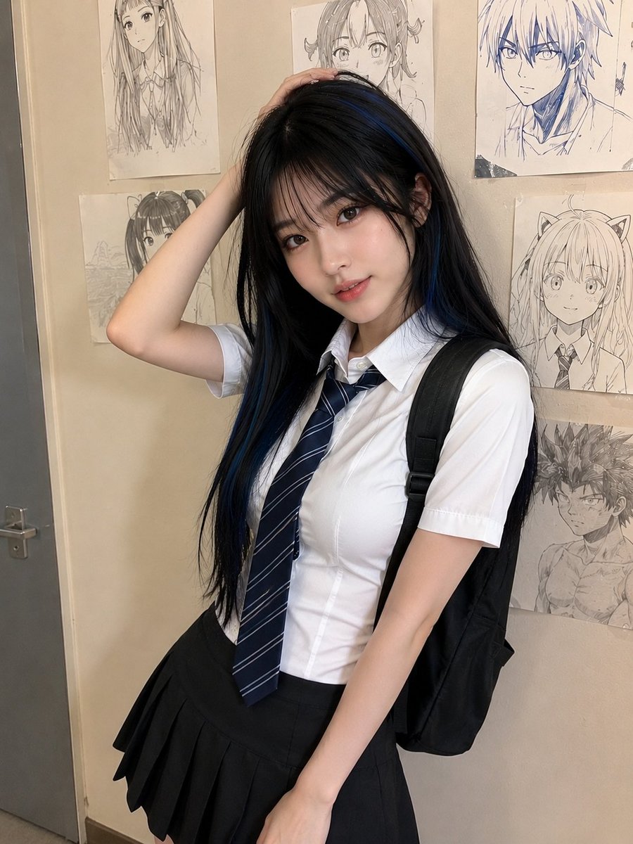 一张逼真的抓拍手机随拍照,照片中是一位可爱的年轻女性,长直黑发带有深蓝色挑染,柔和的刘海修饰脸庞,白皙皮肤,妆容自然,嘴唇红润,身着修身的白色短袖衬衫、深蓝色条纹领带、黑色百褶裙…