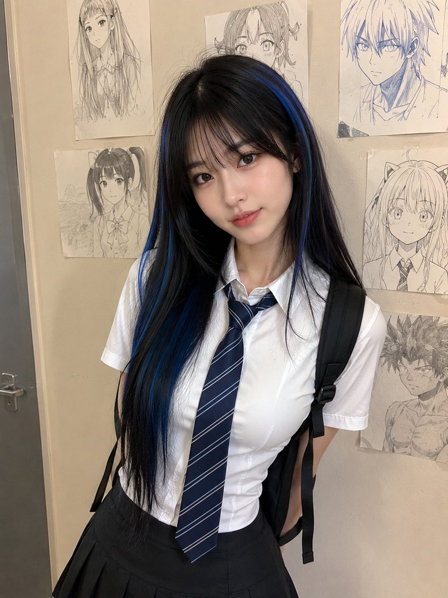 一张逼真的抓拍手机随拍照,照片中是一位可爱的年轻女性,长直黑发带有深蓝色挑染,柔和的刘海修饰脸庞,白皙皮肤,妆容自然,嘴唇红润,身着修身的白色短袖衬衫、深蓝色条纹领带、黑色百褶裙…