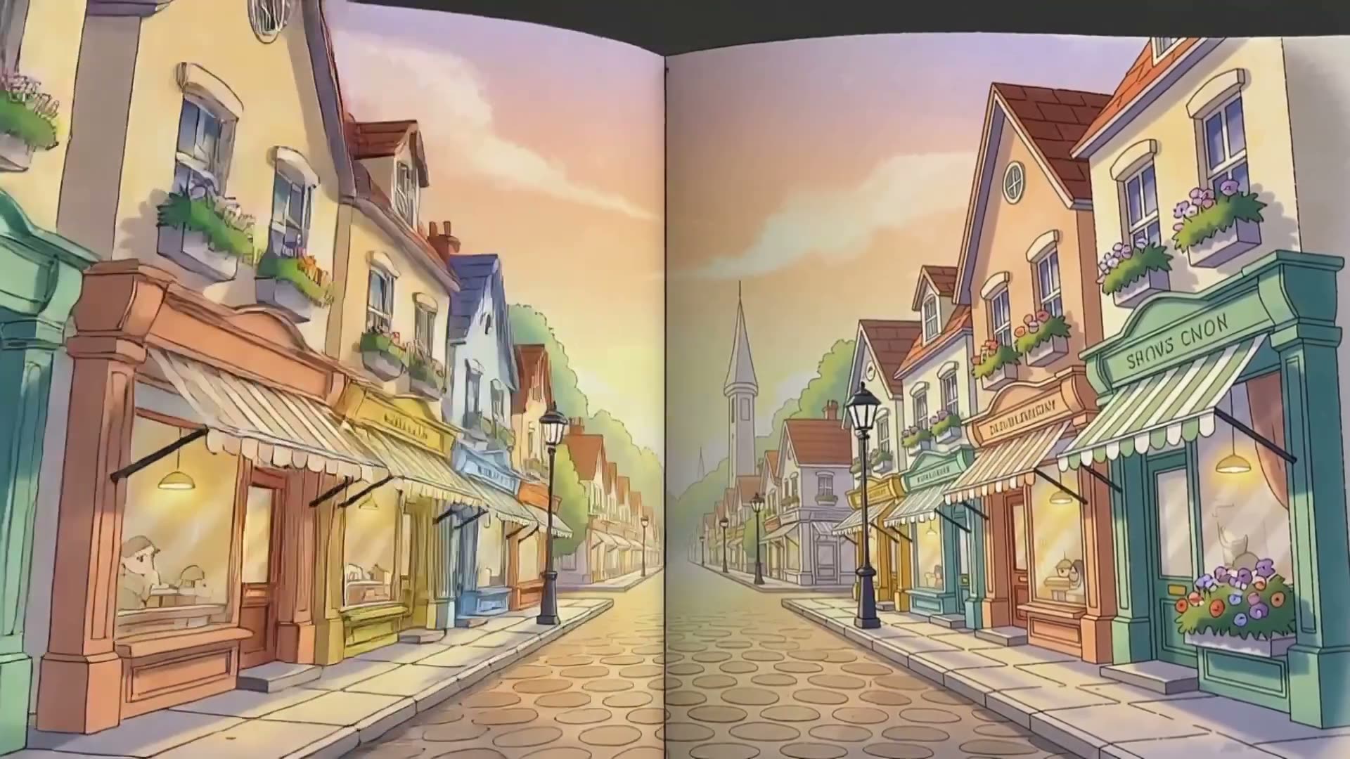 绘本插画风格的远景镜头，黎明时分一座小巧的金色小镇。鹅卵石街道、柔和粉彩色的店铺门面、窗台花箱中的花朵。桃色与薰衣草色的柔和水彩天空。一张温暖的旁白标题卡像翻…