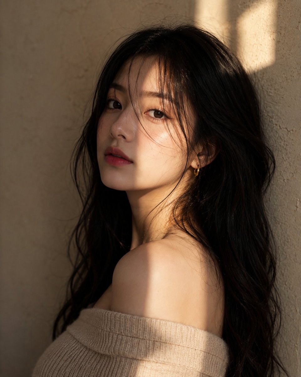 韩国 年轻韩国女性超写实社论人像，胸部以上构图，柔软黑色长波浪卷发，透亮瓷感肌肤，淡妆，直视镜头，米黄色露肩针织上衣，黄金时段透过窗户的光线在她脸上投下几何阴…