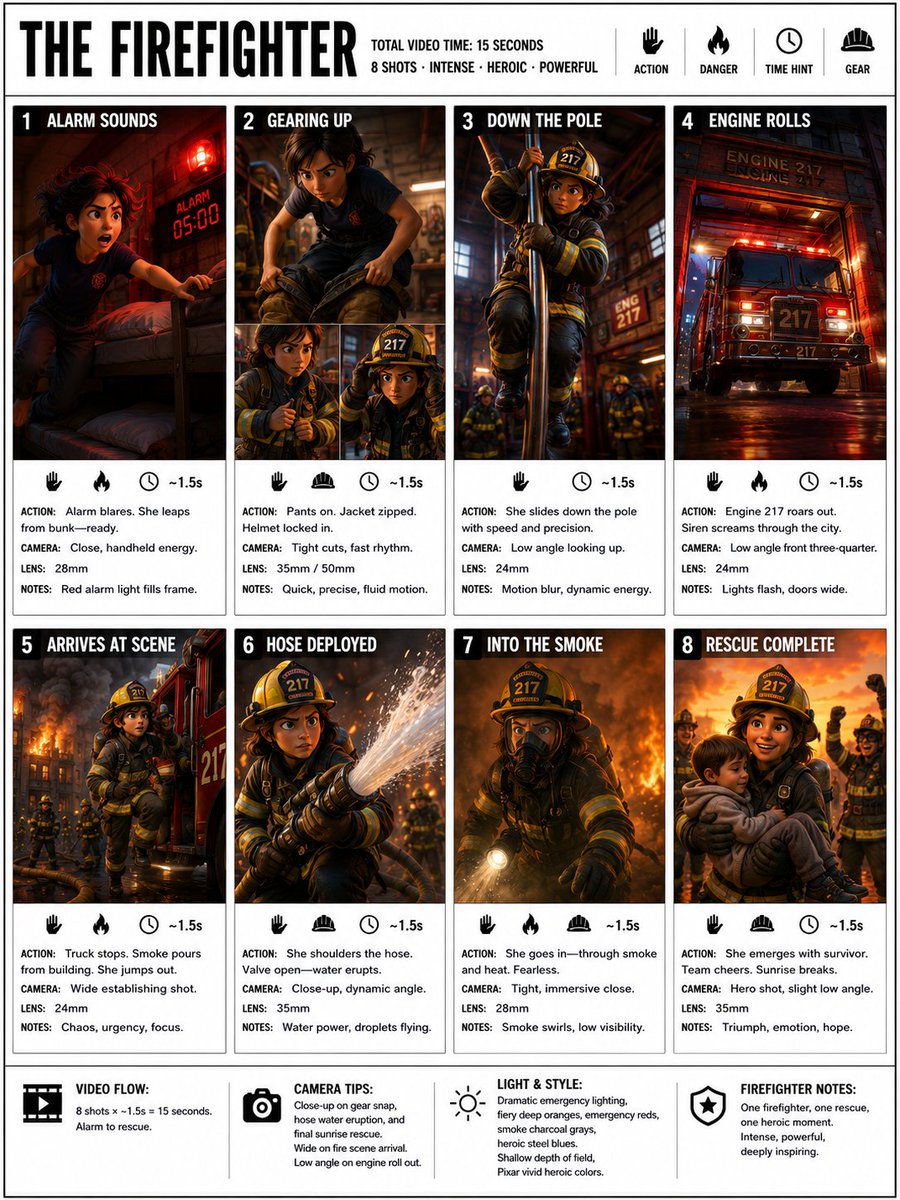 📋 GPT Image 2 ：故事板提示 为 THE FIREFIGHTER（消防员）制作一张清晰、简洁的信息图式故事板海报。宽幅 16:9 布局，白色背景…