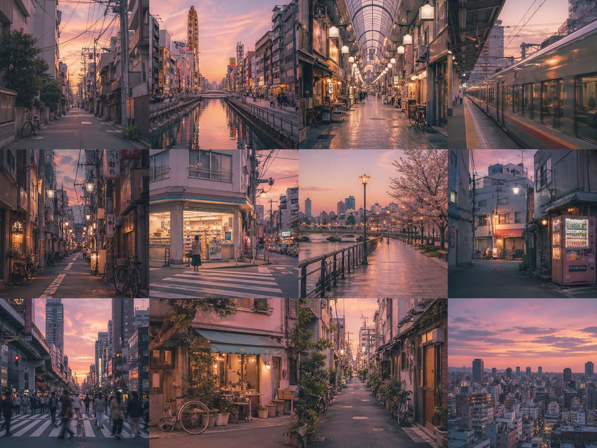 {argument name="grid layout" default="4x3"} 无缝网格布局，每个面板展示一个独立场景，主角为 {argument name="subje…