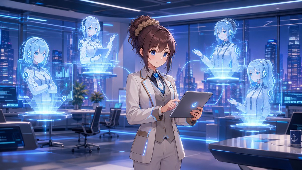 未来的なビジネススーツを着たタヌキちゃんが、デジタルタブレットを操作し、周囲にAIエージェントのホログラムが浮かんでいるハイテクオフィス風景。アニメスタイル、…