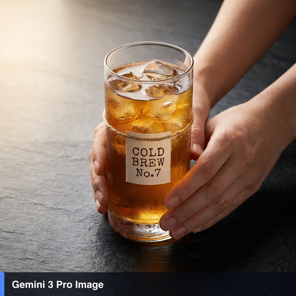 超写实工作室产品静物:两只人手握着一只高高的透明玻璃杯,杯中盛有加冰的琥珀色冷萃咖啡,玻璃杯外布满凝结的水珠,冰块折射效果逼真,五指解剖结构正确,在深色石板表面上准确呈现反射与阴…