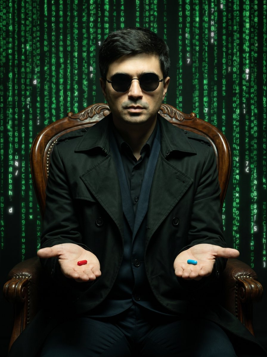 你能把图中这个男人调整为：他坐在一把深色的华丽雕花扶手椅上。他身穿深色风衣和剪裁笔挺的西装，佩戴着标志性的圆形墨镜，这增添了神秘的气场。姿势沉稳从容，他伸出手…