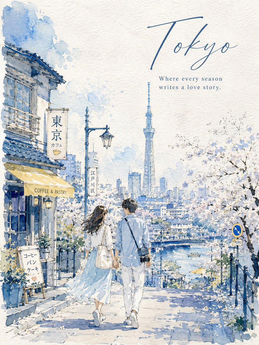 在带有纹理的手工水彩纸上，创作一幅 3:4 纵向水彩城市速写旅行海报。 城市输入： [CITY NAME] 创作一个浪漫的日常场景，反映 [CITY NAME] 真实的建筑、地标…