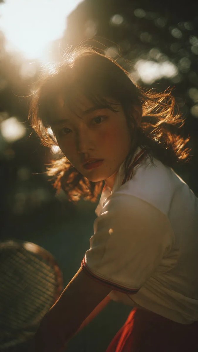 电影感中景镜头：一名身穿网球服的日本少女，在网球比赛挥拍途中被自然抓拍，柔和阳光穿过树林，暖色调，90年代日本电影美学，轻微胶片颗粒感，风吹动她的头发，动态而自然的动作，怀旧诗意…