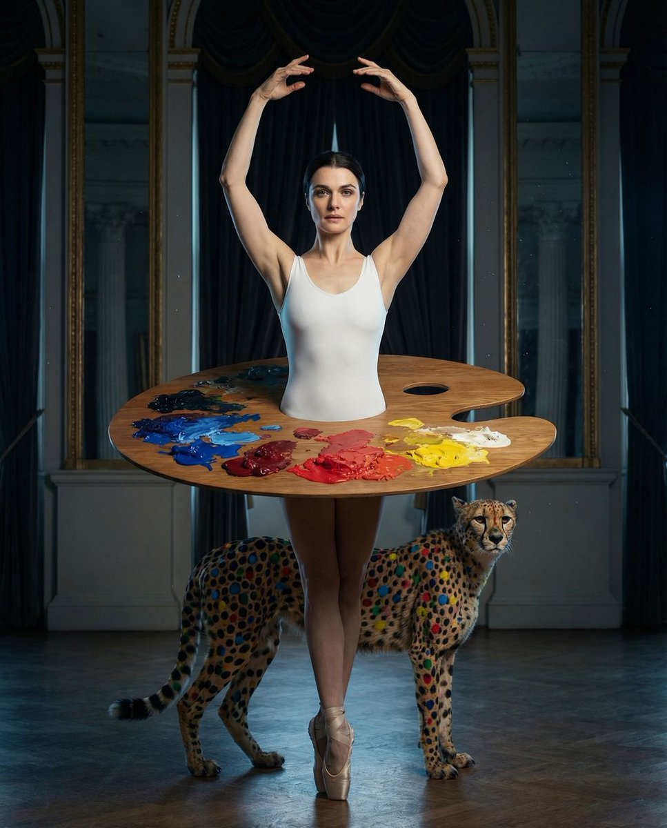 { "vibe_title_en": "超现实对称：木质调色板与彩绘猎豹", "master_prompt": "A hyper-realistic, hig…