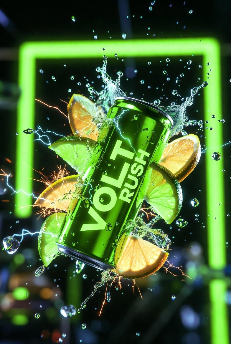 https://t.co/W9HVnpj29I 标有“VOLT RUSH”字样的霓虹绿色能量饮料罐的超电影感产品摄影,罐身呈锋利对角线倾斜,冲破发光的柑橘切片和电火花。冷冻青柠果…