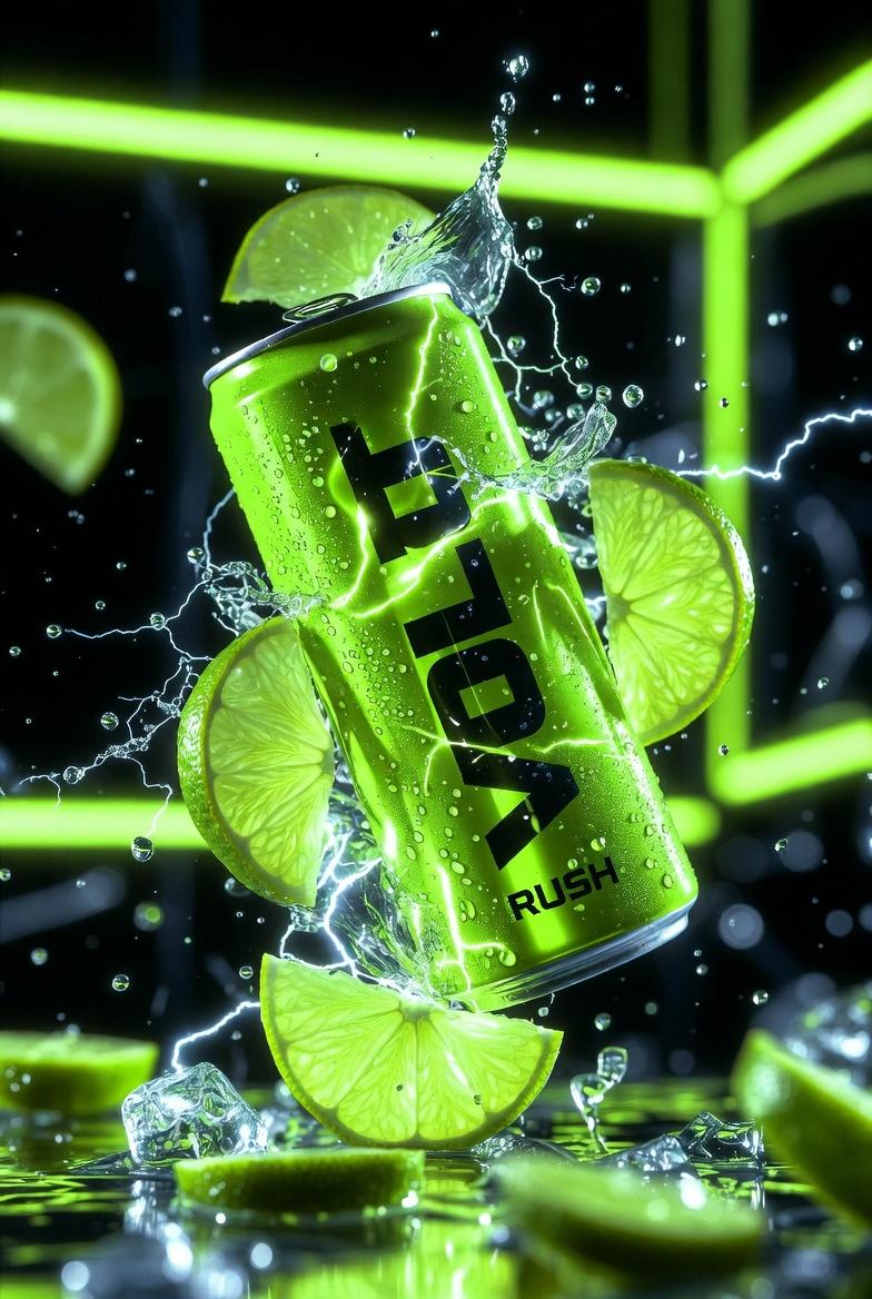 https://t.co/W9HVnpj29I 标有“VOLT RUSH”字样的霓虹绿色能量饮料罐的超电影感产品摄影,罐身呈锋利对角线倾斜,冲破发光的柑橘切片和电火花。冷冻青柠果…