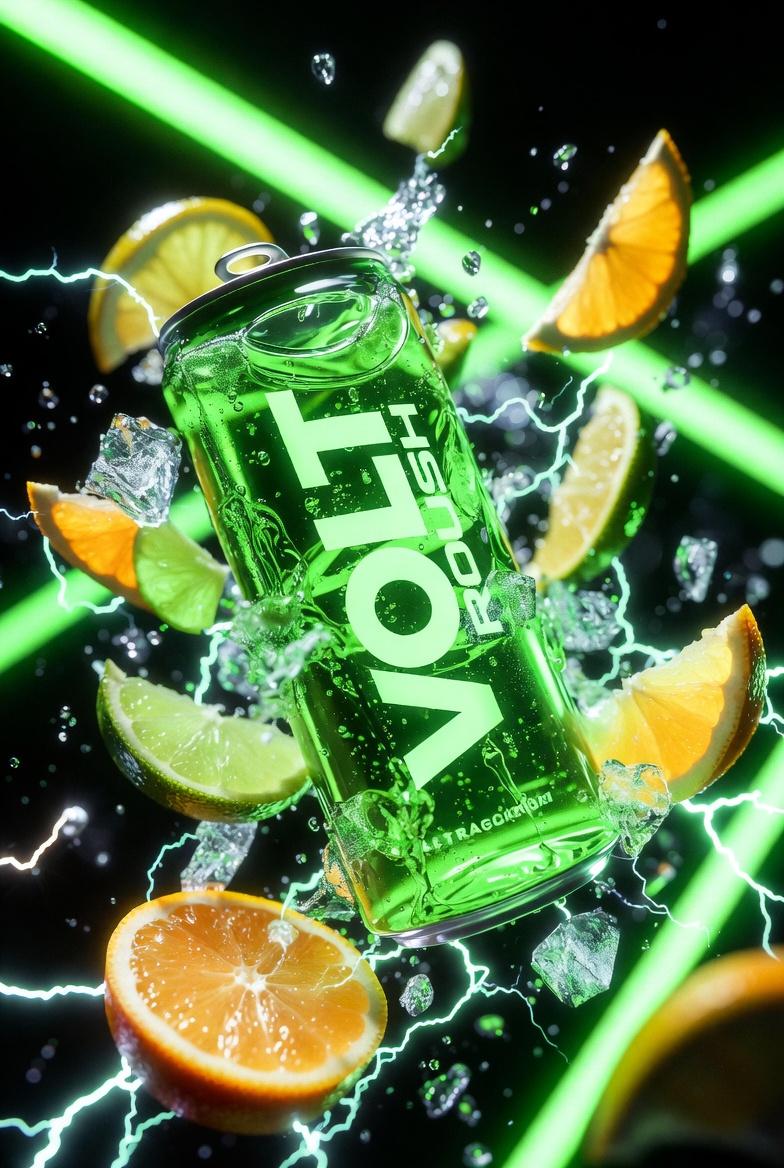 https://t.co/W9HVnpj29I 标有“VOLT RUSH”字样的霓虹绿色能量饮料罐的超电影感产品摄影,罐身呈锋利对角线倾斜,冲破发光的柑橘切片和电火花。冷冻青柠果…