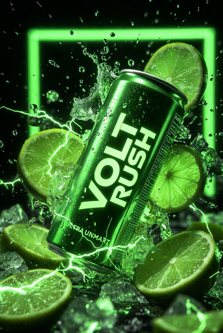 https://t.co/W9HVnpj29I 标有“VOLT RUSH”字样的霓虹绿色能量饮料罐的超电影感产品摄影,罐身呈锋利对角线倾斜,冲破发光的柑橘切片和电火花。冷冻青柠果…