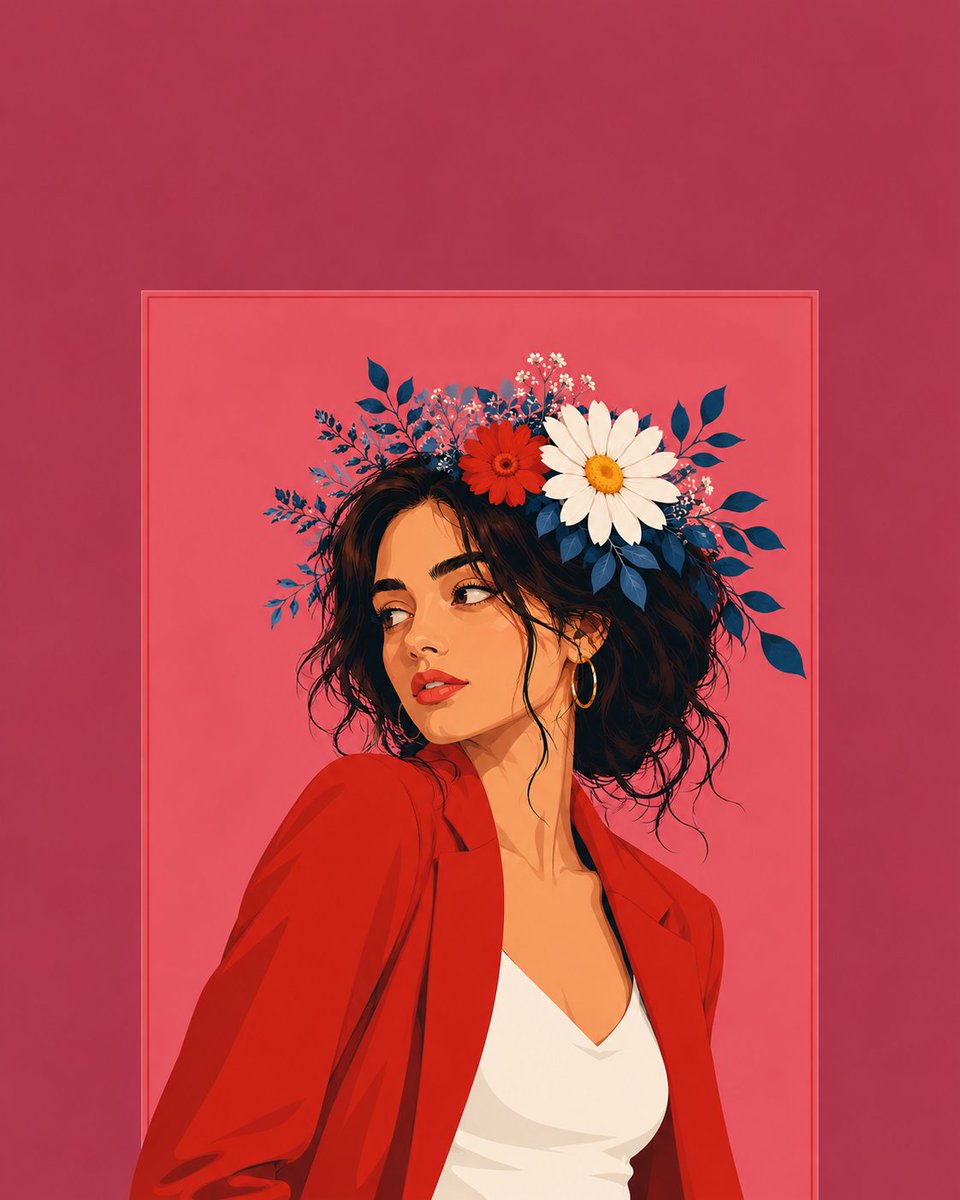 宽幅扁平矢量插画海报,戴着花冠的女子回头瞥视,穿红色西装外套与白色上衣,粉红色分层背景完整构图,带有框式内嵌矩形,外边框留有大量干净的负空间以容纳粗体标题文字或引言,现代编辑海报…