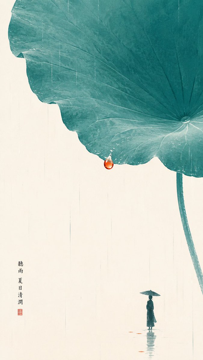 主题方向：东方禅意极简人物插画 风格分支：高对比清润型 主体内容：一位小人物站在巨大荷叶下听雨 情绪母题：清润、夏日、静气、生机 场景与意象：巨大松石青荷叶、…