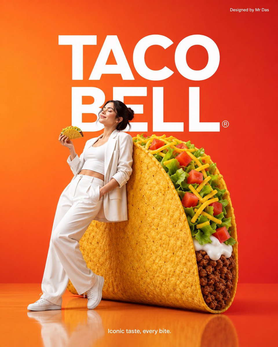 极简风格商业广告，主打超大版 Taco Bell 脆皮玉米卷，设计极致简洁。一位年轻女子身穿全白服装，慵懒随意地斜靠在巨大的玉米卷上，姿态放松自信，双眼紧闭…