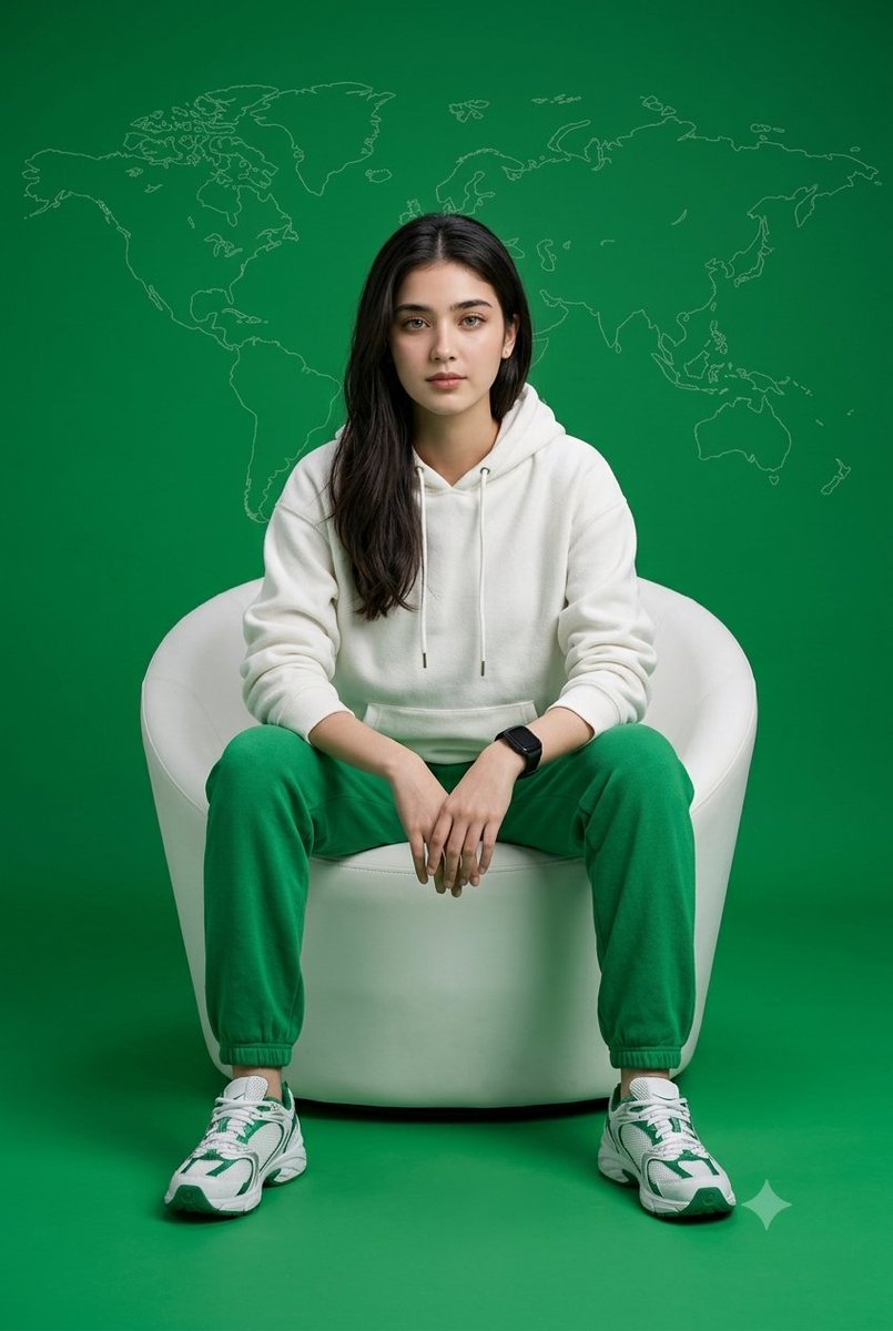 一张超写实的 8K 影棚人像，以 50mm 镜头在平视角度拍摄，画面中一位女性居中坐在一把现代、白色、极简风格的桶形扶手椅上。主体以已上传的面部作为参考，穿着…