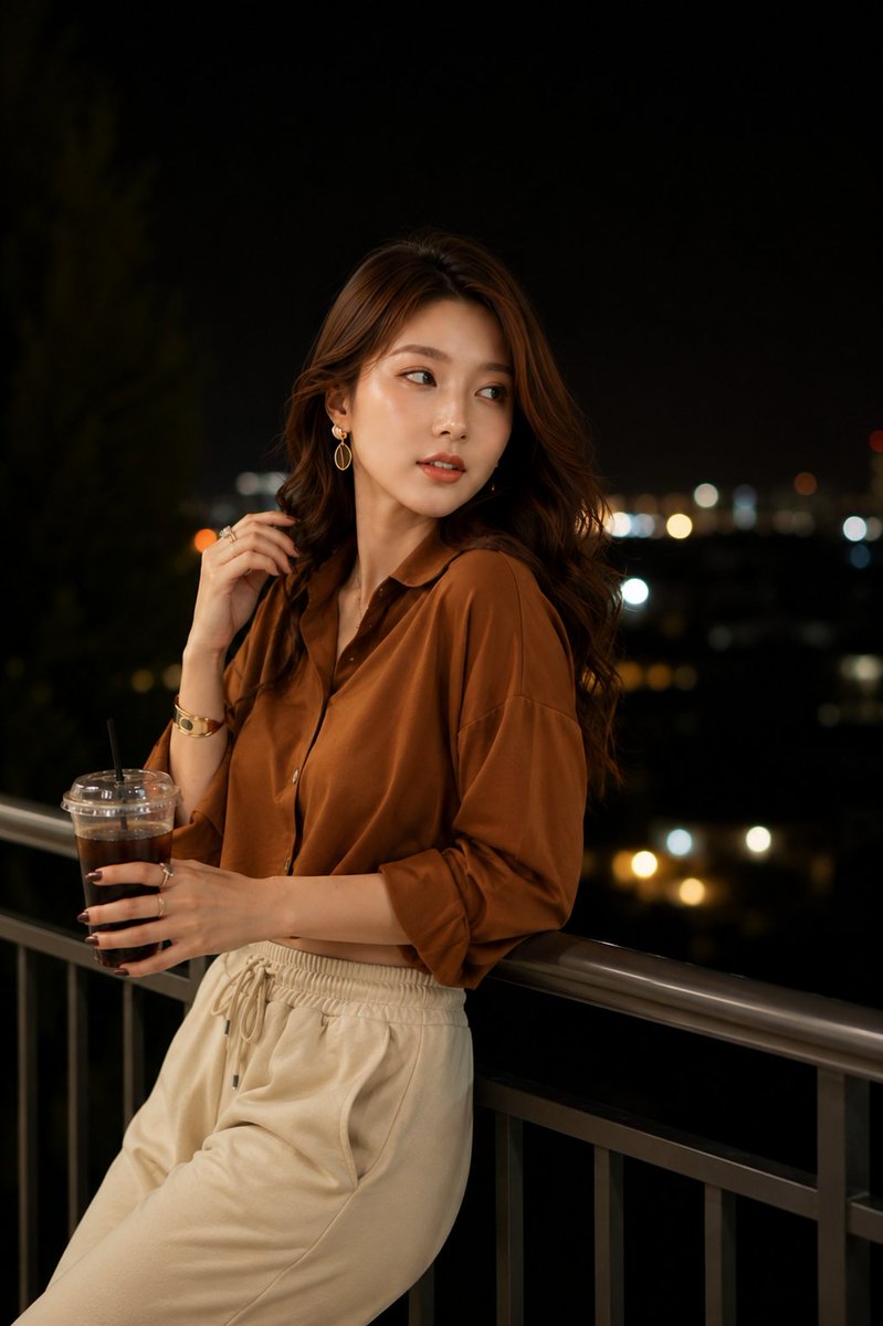 GPT Image 2.0 on ChatGPT 提示 1：超写实夜景人像，一位时尚的年轻女子站在现代阳台上，俯瞰夜晚的城市天际线。她身穿宽松的缎面棕色短款纽…