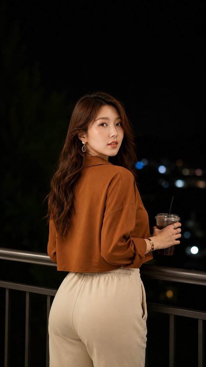 GPT Image 2.0 on ChatGPT 提示 1：超写实夜景人像，一位时尚的年轻女子站在现代阳台上，俯瞰夜晚的城市天际线。她身穿宽松的缎面棕色短款纽扣衬衫，袖子卷起，搭…