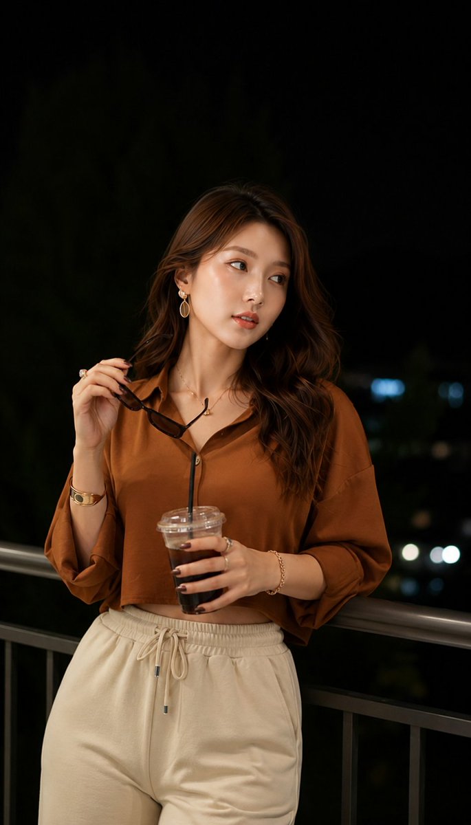 GPT Image 2.0 on ChatGPT 提示 1：超写实夜景人像，一位时尚的年轻女子站在现代阳台上，俯瞰夜晚的城市天际线。她身穿宽松的缎面棕色短款纽扣衬衫，袖子卷起，搭…
