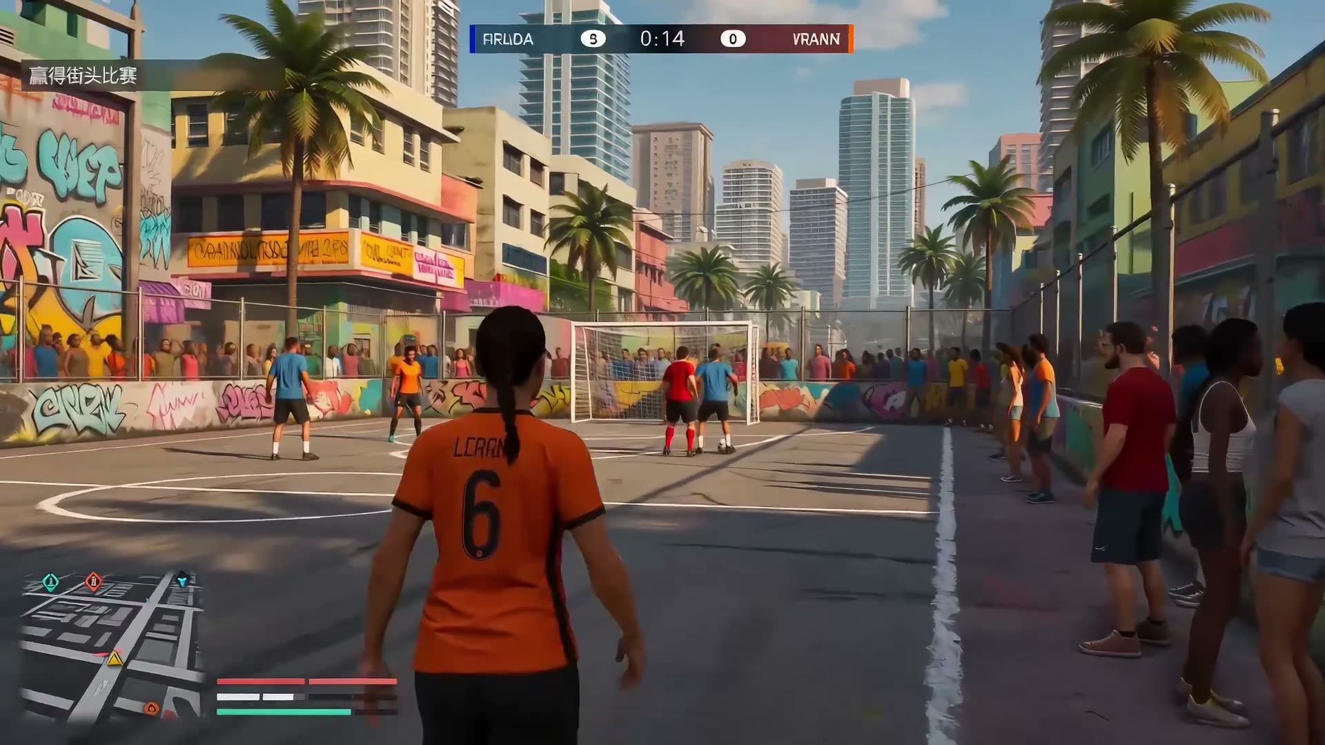 GTA 6 视觉风格下的电影级第三人称游戏过场，特色为 Lucia 作为可操控角色，在傍晚黄金时段充满活力的罪恶都市街头足球赛中登场。超写实画质，Rockst…