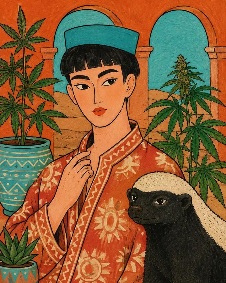 扁平的民间手绘时尚插画，画中是一位 [HUMAN]，穿着 [CLOTHING]，摆出 [POSE] 姿势，身旁有 [ANIMAL]，背景设定在 [BACKGR…