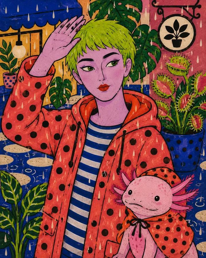 扁平的民间手绘时尚插画，画中是一位 [HUMAN]，穿着 [CLOTHING]，摆出 [POSE] 姿势，身旁有 [ANIMAL]，背景设定在 [BACKGROUND]。使用 […