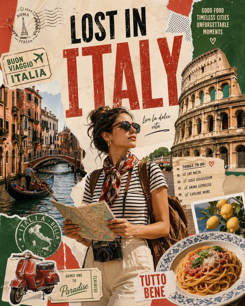 创作一幅名为 "LOST IN [COUNTRY]"（迷失在[国家]）的复古高级旅行拼贴海报，主角是一位时尚的单人旅行者正在探索标志性景点。设计应融合编辑杂志美学、剪贴簿质感、撕…