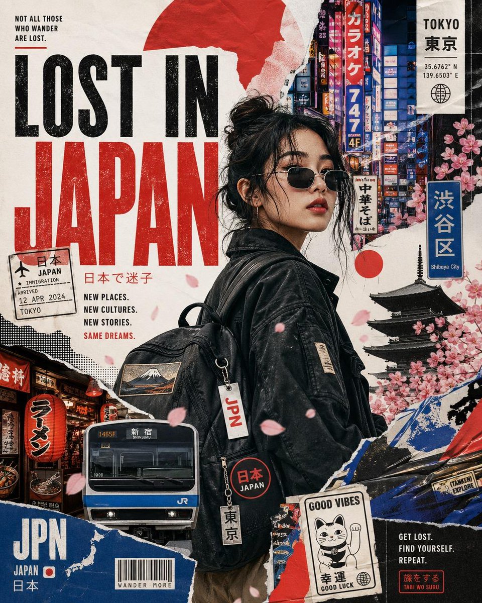 创作一幅名为 "LOST IN [COUNTRY]"（迷失在[国家]）的复古高级旅行拼贴海报，主角是一位时尚的单人旅行者正在探索标志性景点。设计应融合编辑杂志美学、剪贴簿质感、撕…