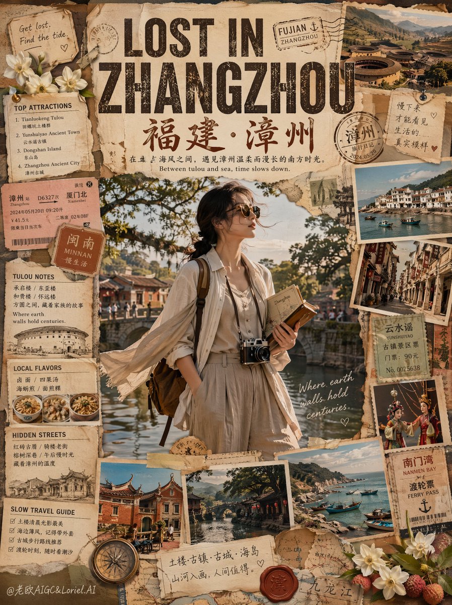创作一幅高端复古旅行拼贴海报，标题为“LOST IN SHAOXING”（迷失在绍兴），画面中一位时尚独行旅人正在探索浙江绍兴，整体以博物馆级编辑风剪贴簿构图…