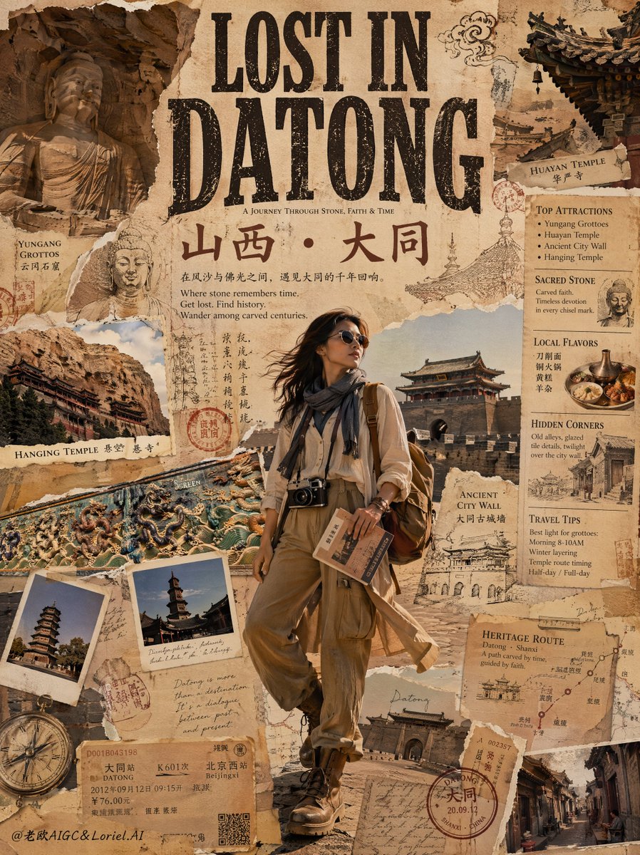 创作一幅高端复古旅行拼贴海报，标题为“LOST IN SHAOXING”（迷失在绍兴），画面中一位时尚独行旅人正在探索浙江绍兴，整体以博物馆级编辑风剪贴簿构图呈现。设计需融合高端…