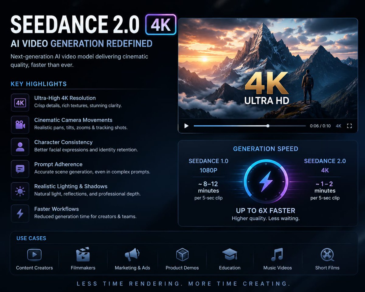 Seedance 2.0 4K：生成速度全解析 ⚡ 现代 AI 视频模型最显著的进步之一不仅仅是质量——而是生成速度。 以下是 Seedance 2.0 4K…