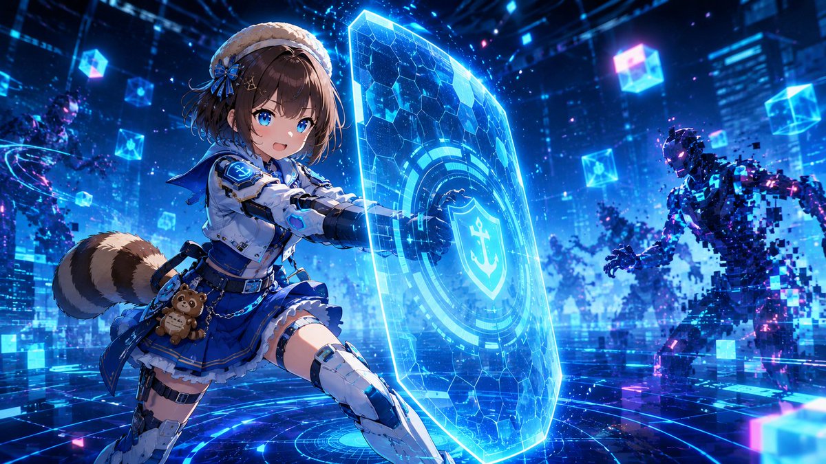 未来的なセキュリティ官の衣装を着たタヌキちゃんが、デジタルシールドを構えているサイバー空間の様子。アニメスタイル、16:9。 * Negative Promp…