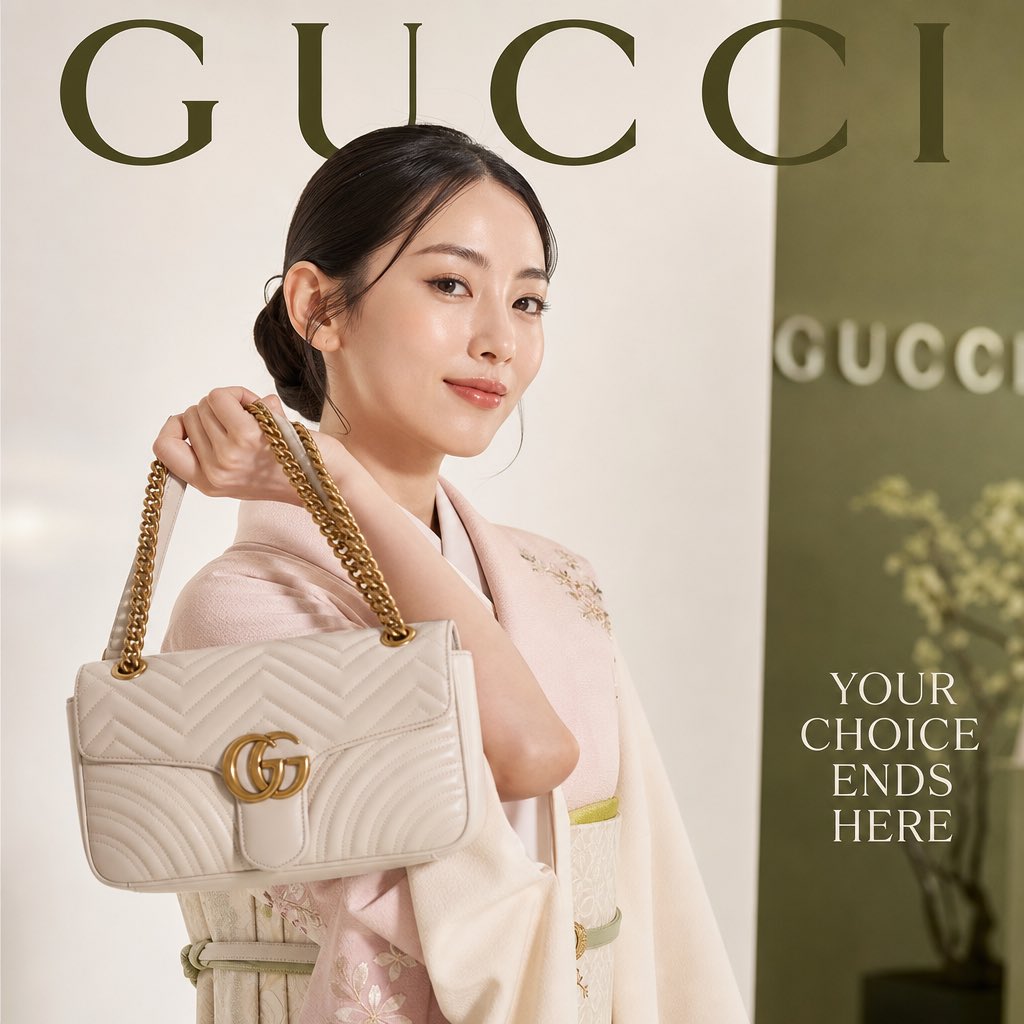 超写实奢侈时尚品牌广告杂志封面，一位优雅的日本女性身着剪裁利落的暗粉色与奶油白日式连衣裙，将精致的绗缝皮革古驰手提包（金色链条肩带）举至肩高，自信微笑地直接向…