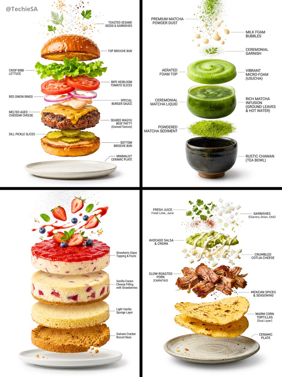 创建一个超写实的垂直分解视图信息图，展示 [FOOD]。 在最顶部，展示该食物标志性的颗粒、液滴、碎屑、香料、蒸汽或装饰元素，悬浮在半空中。 正下方，分离出主…
